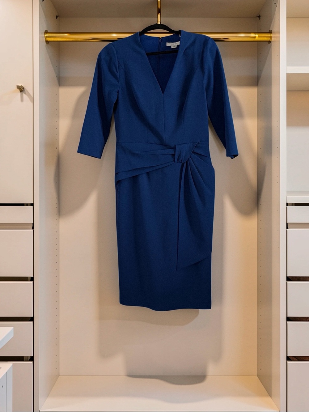 Kay Unger Royal Blue V-Neck Midi Sheath Dress with Knot Waist
